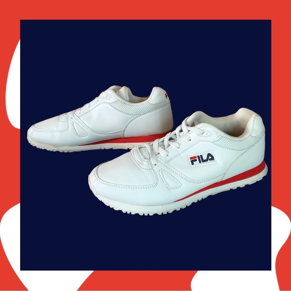 Fila White Synthetic/Textile Sneakers Athletic Shoes Navy & Red Trim Wm 9